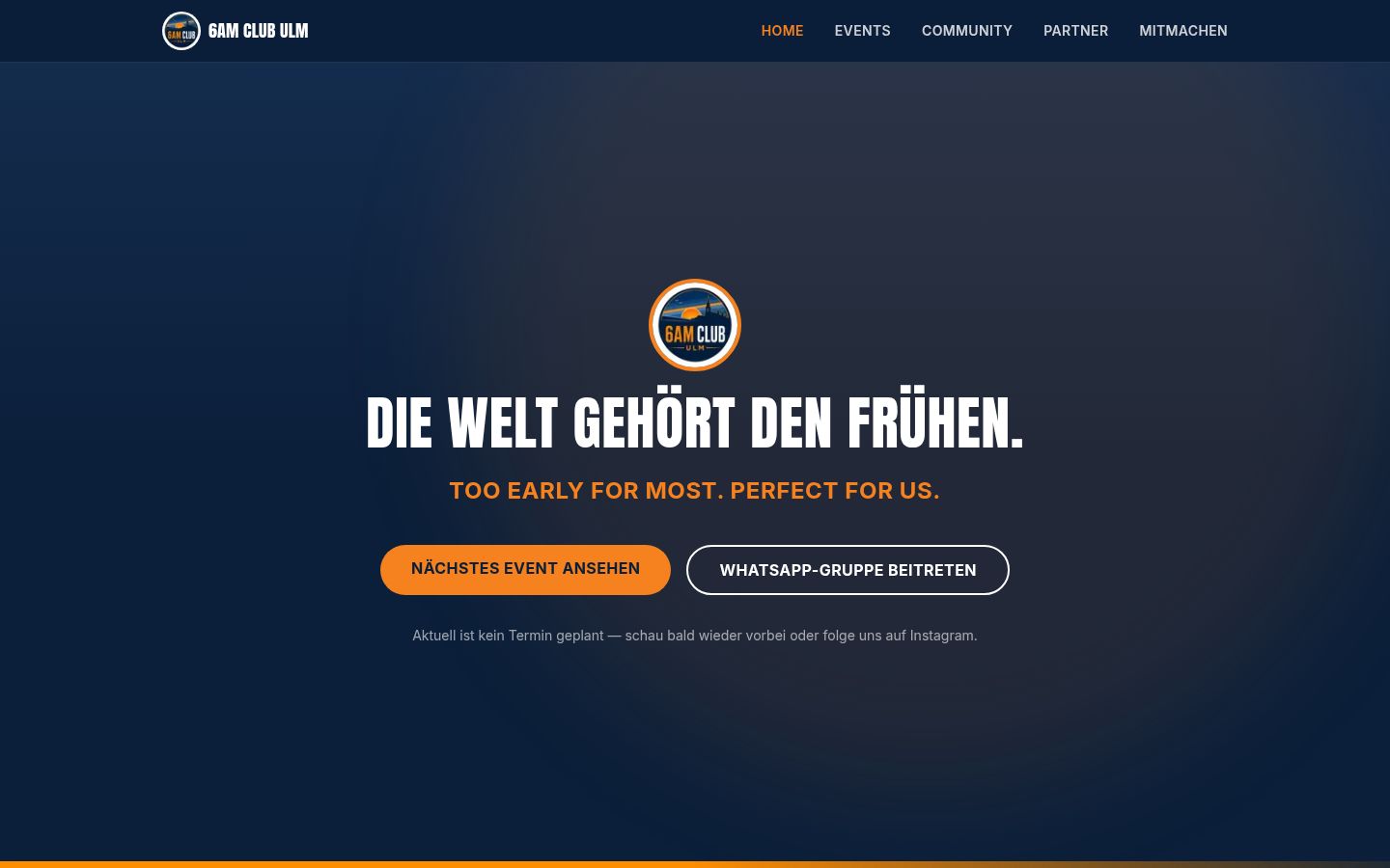 Startseite des 6AM Club Ulm mit Leitsatz „Die Welt gehört den Frühen.“