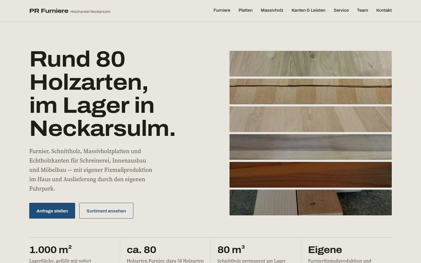 Startseite von PR Furniere, Entwurf A: helles Werkstattpapier mit Furnierstreifen