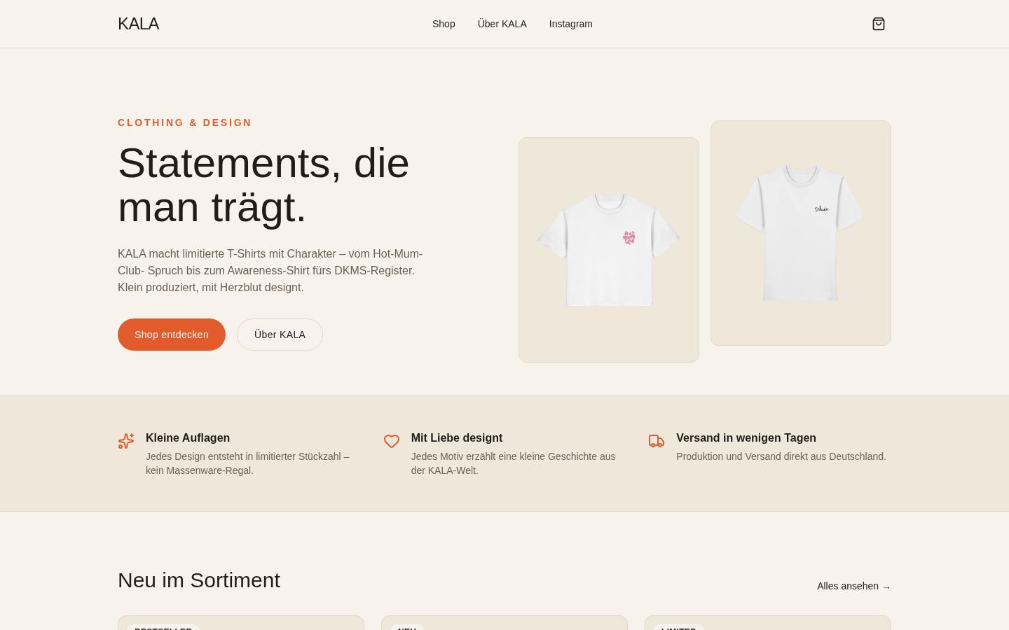 Startseite des KALA-Shops mit T-Shirts und dem Leitsatz „Statements, die man trägt.“